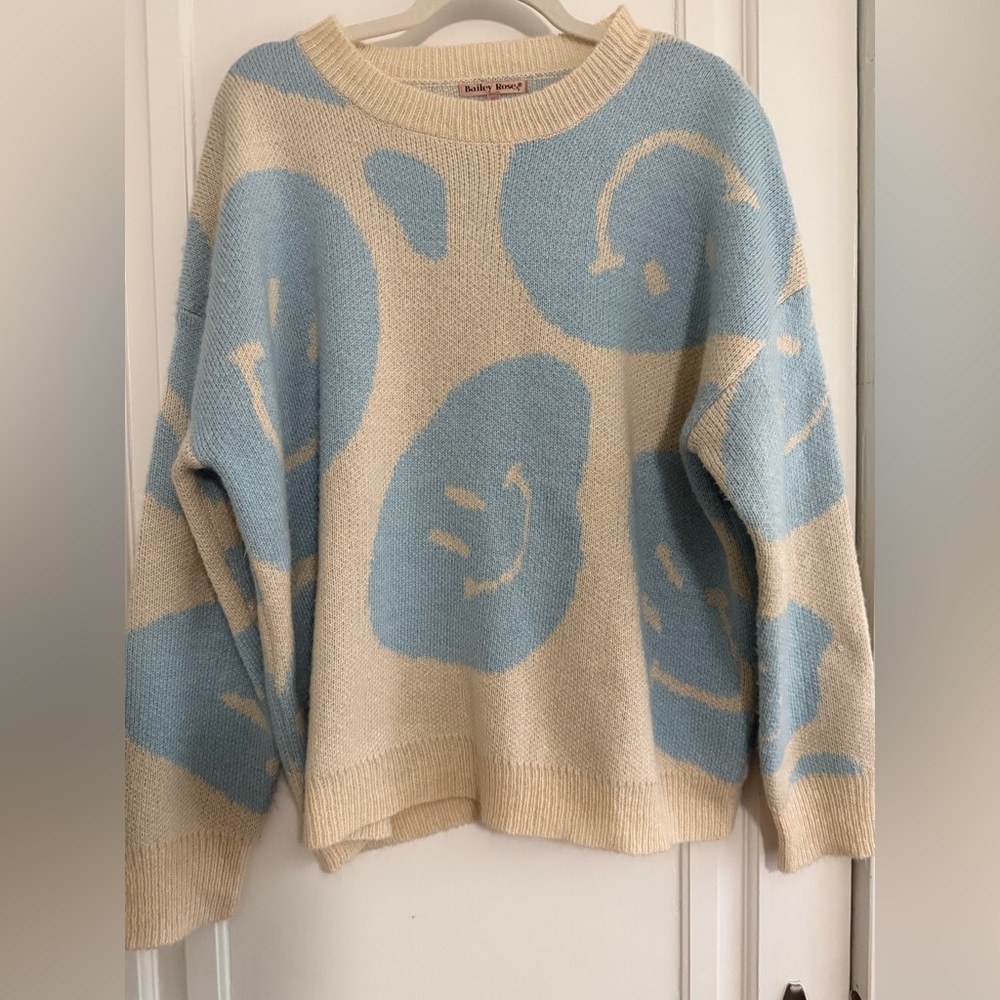 Playful Smiley Face Sweater - Cream and Blue